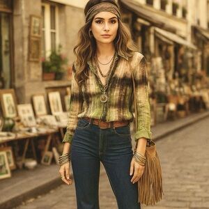 Beline Paris Vintage Sheer French Boho Sequins Snap-Up Blouse Brown Sz XL - NWOT